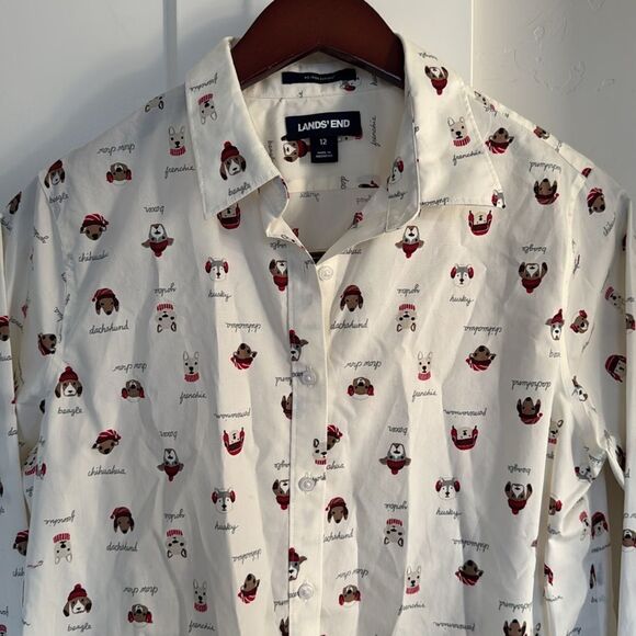 Lands’ End Women’s Size 12 Winter Dog Print No Iron Cotton Button Down Shirt - Picture 10 of 12